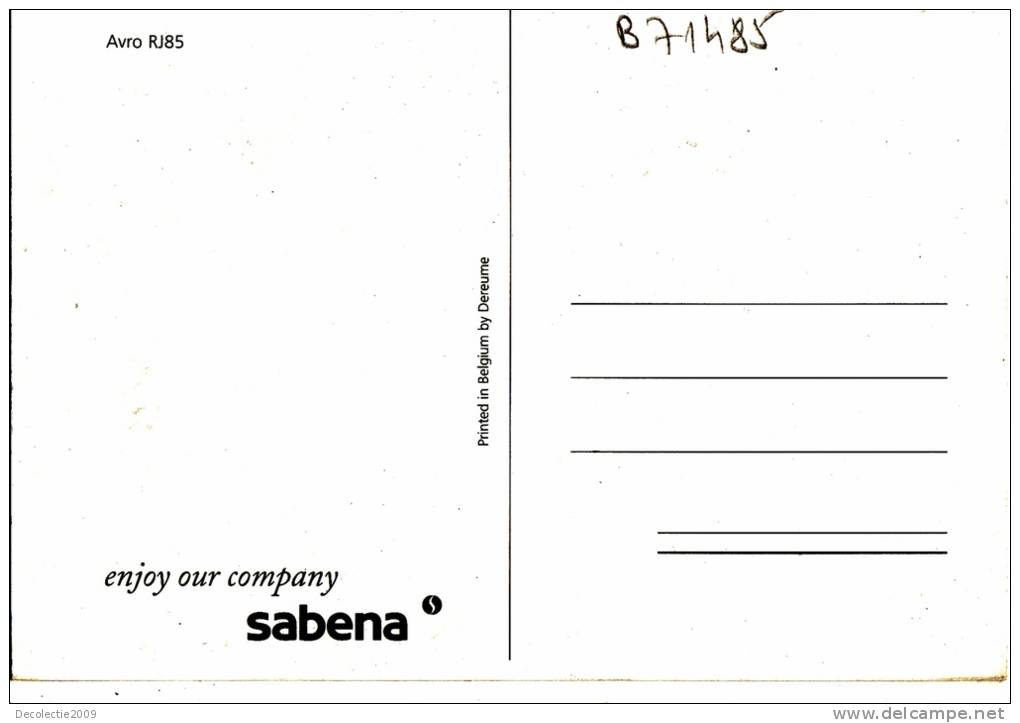 B71485 Avro RJ85 Sabena   Plan Airplane      2 Scans - 1946-....: Era Moderna