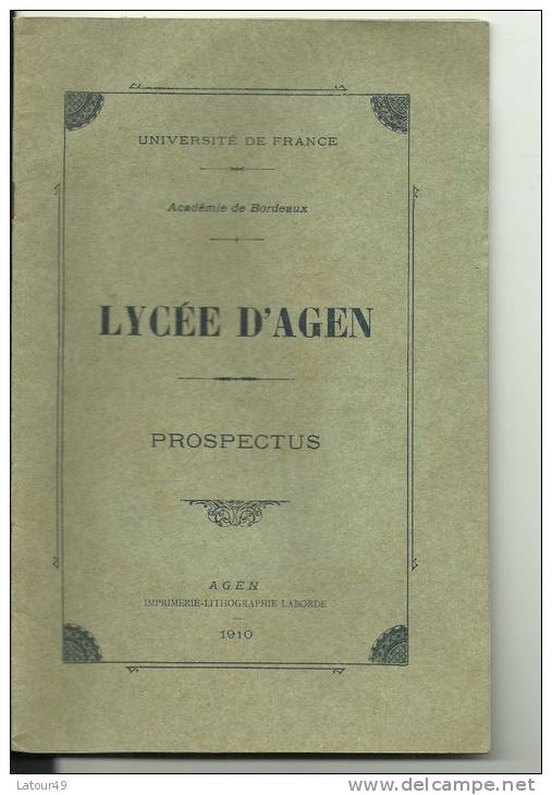 AGEN        LYCEE D AGEN  PROSPECTUS  1910 - Diplômes & Bulletins Scolaires