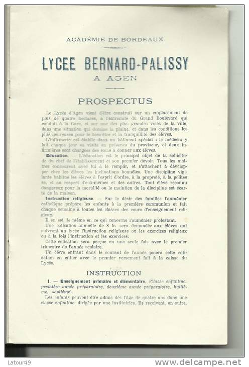 AGEN        LYCEE D AGEN  PROSPECTUS  1910 - Diplômes & Bulletins Scolaires