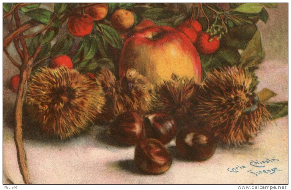Belle Illustrée Signée Carlo CHIOSTRI ( RARE )  Pommes, Arbouses Et Châtaignes - Chiostri, Carlo