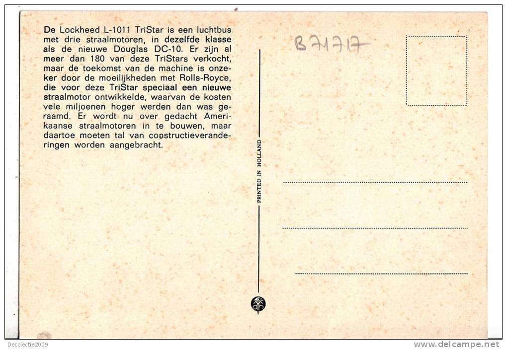 B71717 De Lockheed L 1011 Tristar Is Een Luchtbus Met Drie Straalmotiren  Douglas DC-10  Avion Airplane      2 Scans - 1946-....: Moderne