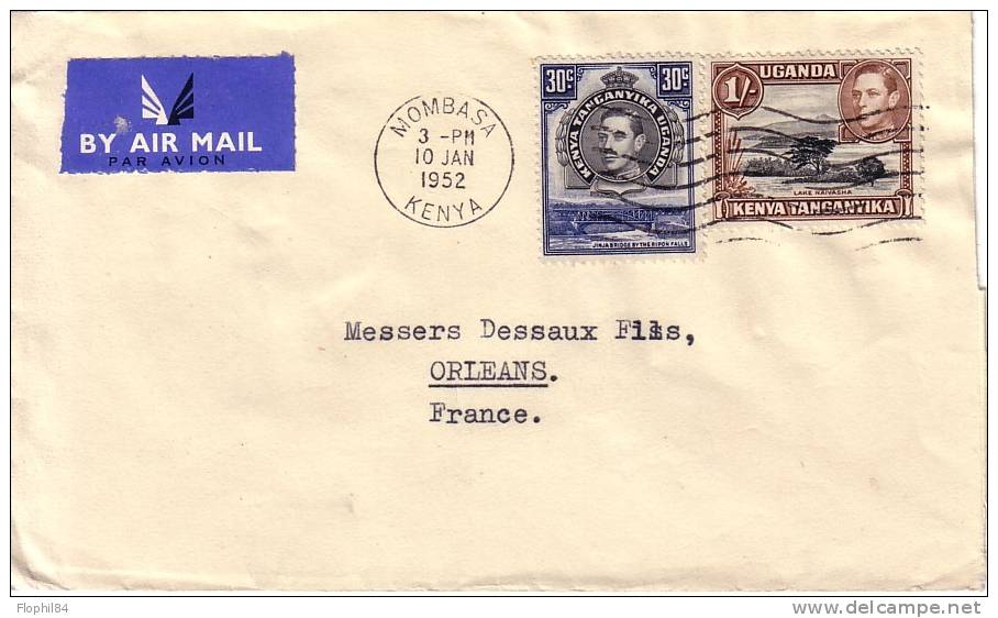 OUGANDA - KENYA - MOMBASSA DU 10 JANVIER 1952 POUR LA FRANCE - BEL AFFRANCHISSEMENT. - Kenya, Ouganda & Tanganyika