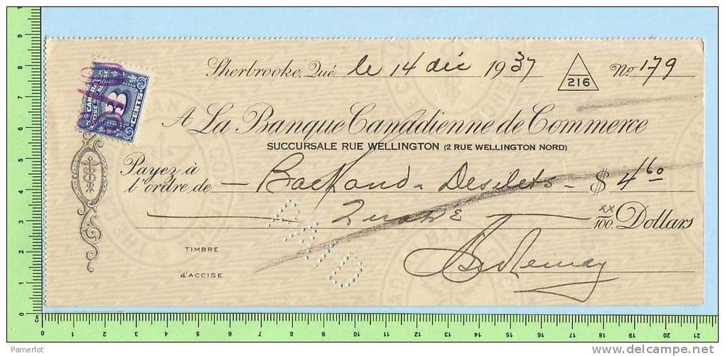 3 Cents FX64  Sur Cheque Banque De Commerce Sherbrooke 1937 Excise Tax - Chèques & Chèques De Voyage