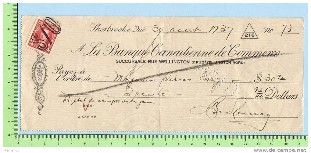 Timbre Poste Pour Taxe 3 Cents Scott #240  Sur Cheque 1937 Excise Tax - Cheques En Traveller's Cheques