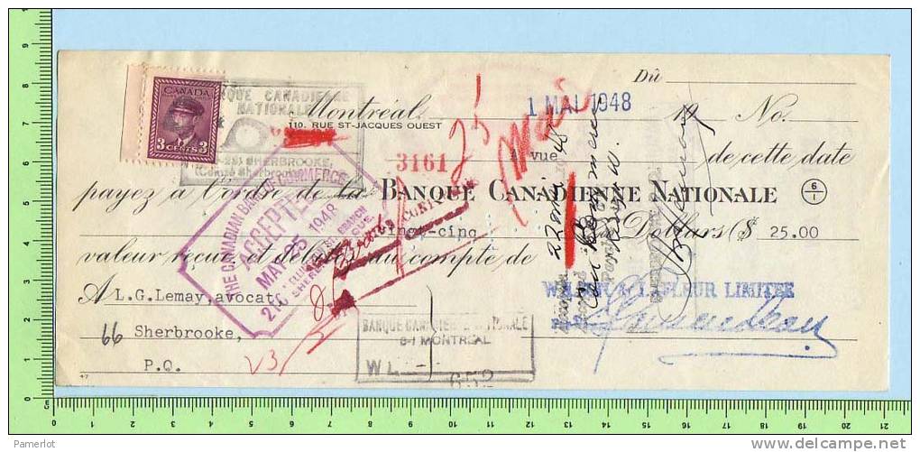 Montreal Quebec  3 Cents Scott #252  Sur Cheque Banque Canadien National 1948 Excise Tax - Chèques & Chèques De Voyage