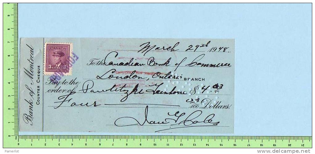 Timbre Poste Pour Taxe 3 Cents Scott #252  Sur Cheque Banque De Commerce London Ontario 1948 Excise Tax - Fiscale Zegels