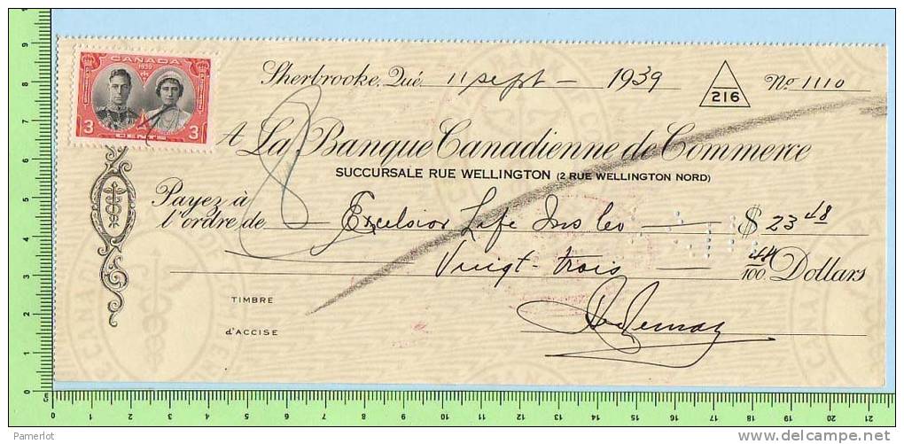 Excelsior Life Insurance Sherbrooke Quebec Canada Scott #248  Sur Cheque 1939 Excise Tax - Chèques & Chèques De Voyage