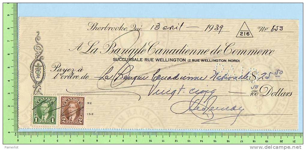 Timbre Poste Pour Taxe 1 X 2 Cents Scott #232 1 X 1 Cent Scott | 231  Sur Cheque 1937 Excise Tax - Steuermarken