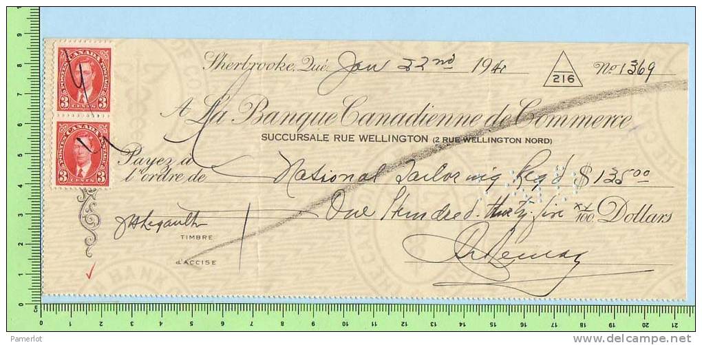 National Tailor Sherbrooke Quebec Canada Cheque 1940 Excise Tax - Chèques & Chèques De Voyage