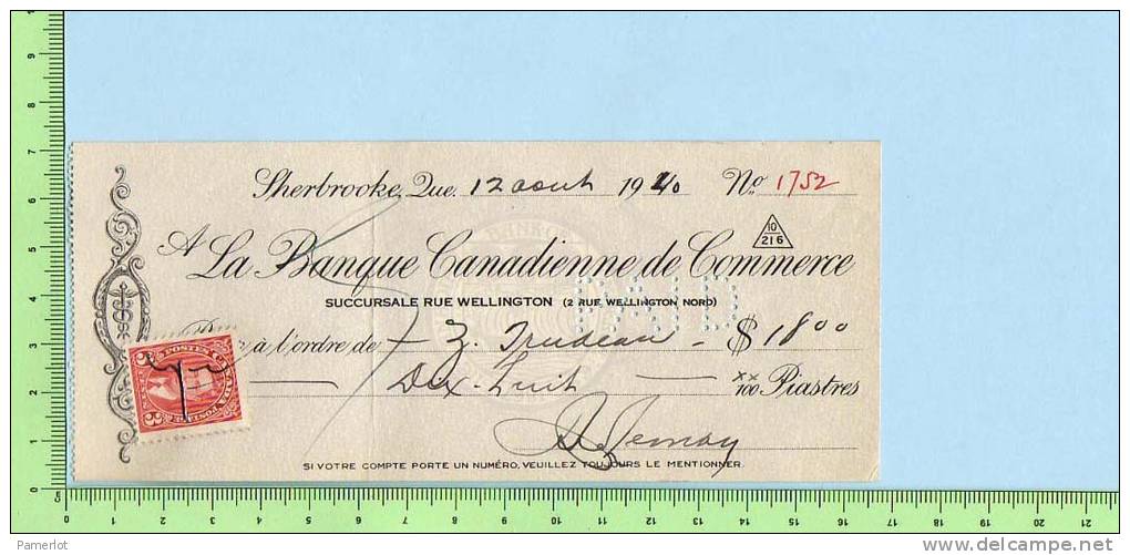 Timbre Poste Pour  Taxe  1 X 3 Cents Scott #233  Sur Cheque  1940 Excise Tax - Steuermarken