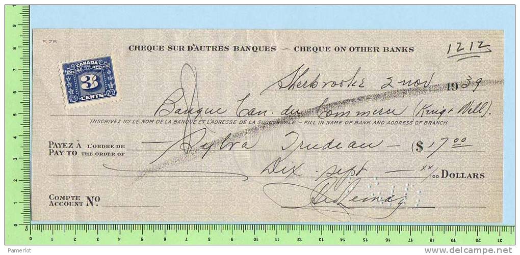 Timbre  Taxe  1 X 3 Cents FX-64  Sur Cheque Sur D´autres Banques 1939 Excise Tax - Chèques & Chèques De Voyage