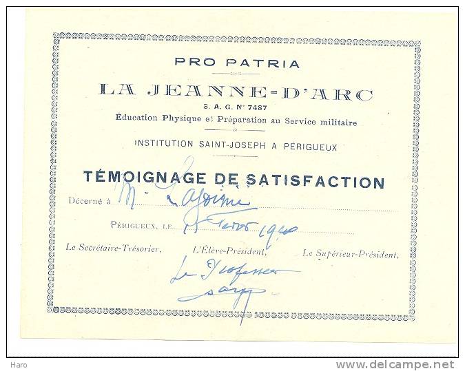 PERIGUEUX - Gymnastique - Education Physique " La Jeanne D'Arc" 1940 -Institution St-Joseph- Certificat (f6) - Diploma's En Schoolrapporten