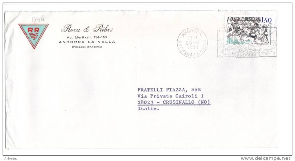 VER1146 - ANDORRA 20/8/1981  , Lettera Commerciale  Per L'Italia. - Lettres & Documents