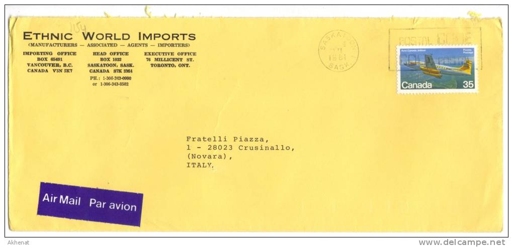 VER1154 - CANADA  20/11/1981  , Lettera Commerciale  Per L'Italia. SASKATOON - Cartas & Documentos