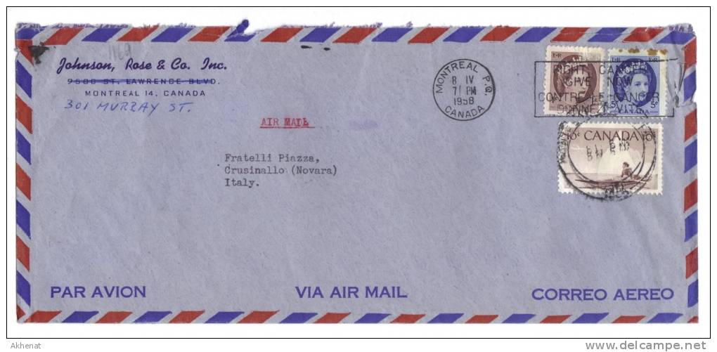 VER1169 - CANADA  8/4/1958  , Lettera Commerciale  Per L'Italia. - Cartas & Documentos