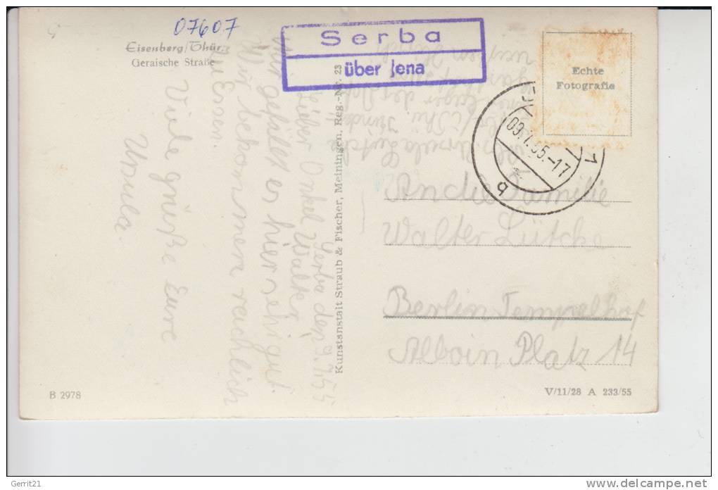 0-6520 EISENBERG, Geraische Strasse, Landpoststempel "Serba über Jena", Briefmarke Fehlt - Eisenberg