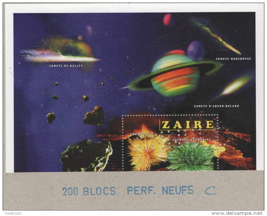 Zaire 1996 COB Bl 80. Minéraux De L'espace, Saturne Et Comètes. Bloc Dentelé Perforé "annulé" Collé Sur Carton... - Minéraux