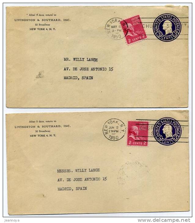 U.S.A. - 2 ENTIERS POSTAUX TYPE G. WASHINGTON 3c. VIOLET, OBL. DE NEW YORK EN 1950 - TB - ...-1900