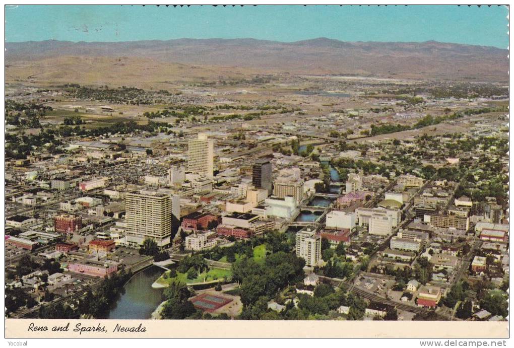 Cp , RENO And SPARKS , Aerial View , Nevada Showing The Hotels With Truckee River In Foreground - Reno