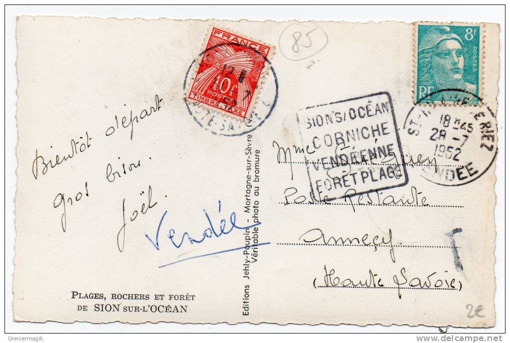 Cpsm 85 - Souvenir De Sion - Plages Rochers Et Forêt De Sion Sur L´ocèan - Obl Daguin + Taxe 1952 (9x14 Cm) - Altri & Non Classificati