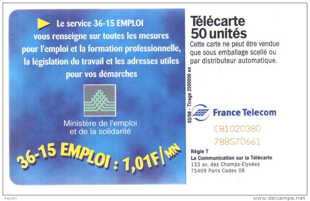 804 F804 - 02/98 - Sc7 - TELECARTE 50 - LE 36-15 EMPLOI - Numéros Rouges N° C81020380 788570661 - 1998