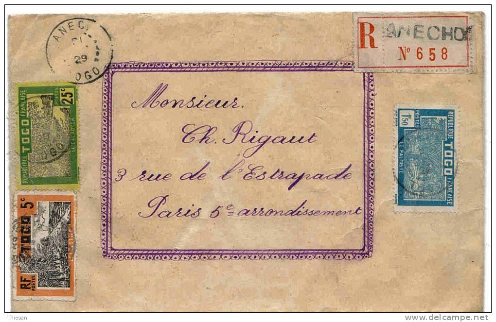 Togo Lettre Recommandée Anecho 1929 Cover - Lettres & Documents