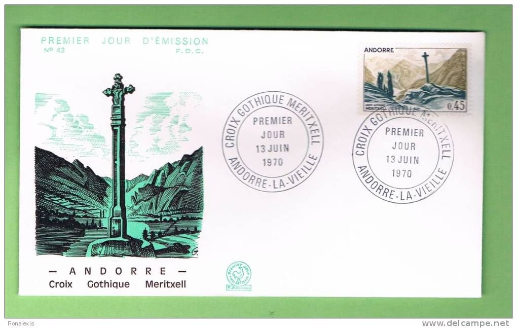 ENVELOPPE 1° JOUR  CROIX GOTHIQUE MERTXELL FDC N° 43 ANDORRE LA VIEILLE 13/6/70 - FDC