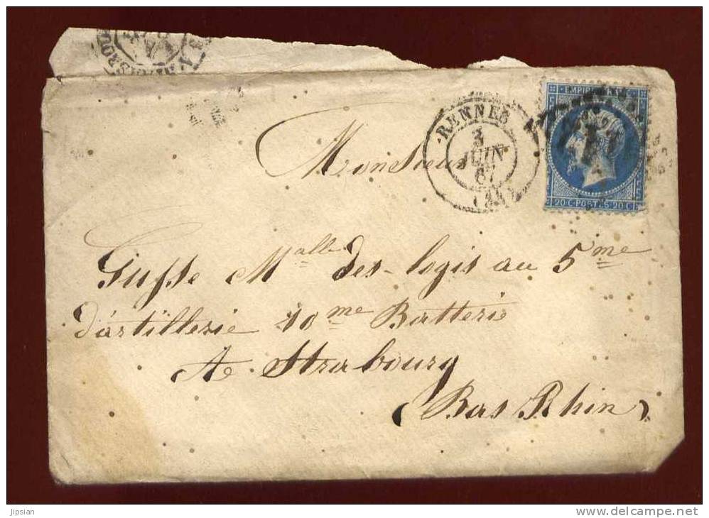 Lettre De Rennes à Strasbourg 1867  ---  5ème Artillerie Strasbourg  Let1 - 1849-1876: Période Classique