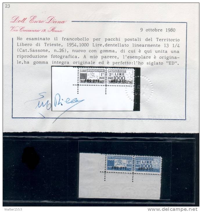 TRIESTE 1954 CAVALLINO Pacchi Postali Ben Centrato Anglo Di Foglio SPLENDIDO ** MNH CERT. DIENA - Colis Postaux/concession