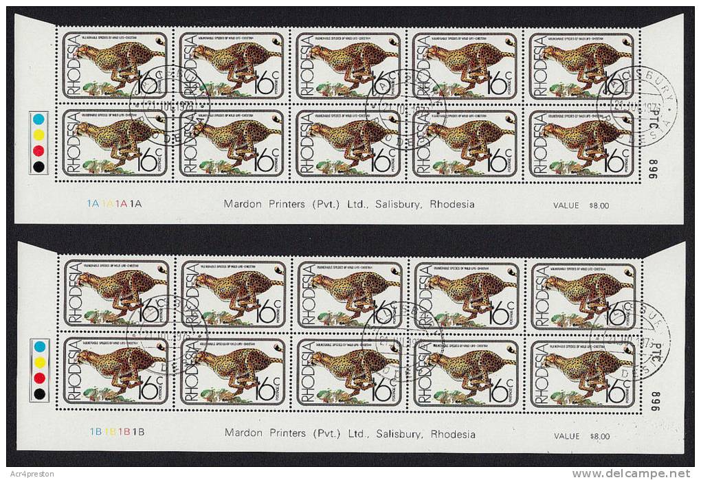 J0019 Rhodesia 1976 SG532 16c Wildlife, 2 Imprint Blocks Of 10 With Different Controls & T-lights, Used - Rhodésie (1964-1980)