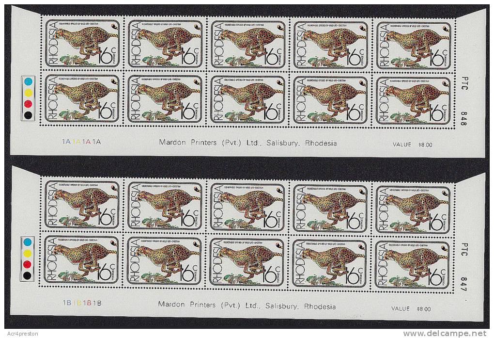 J0020 Rhodesia 1976 SG532 16c Wildlife, 2 Imprint Blocks Of 10 With Different Controls & T-lights, Unmounted Mint - Rhodésie (1964-1980)