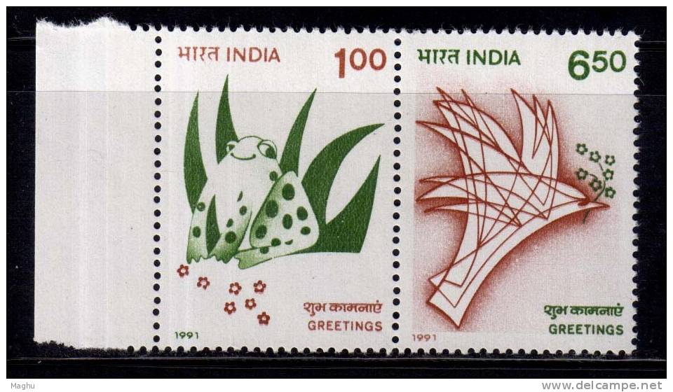 India MNH 1991, Se-tenent Of 2, Greetings, Forg, Reptiles, Bird, - Ungebraucht