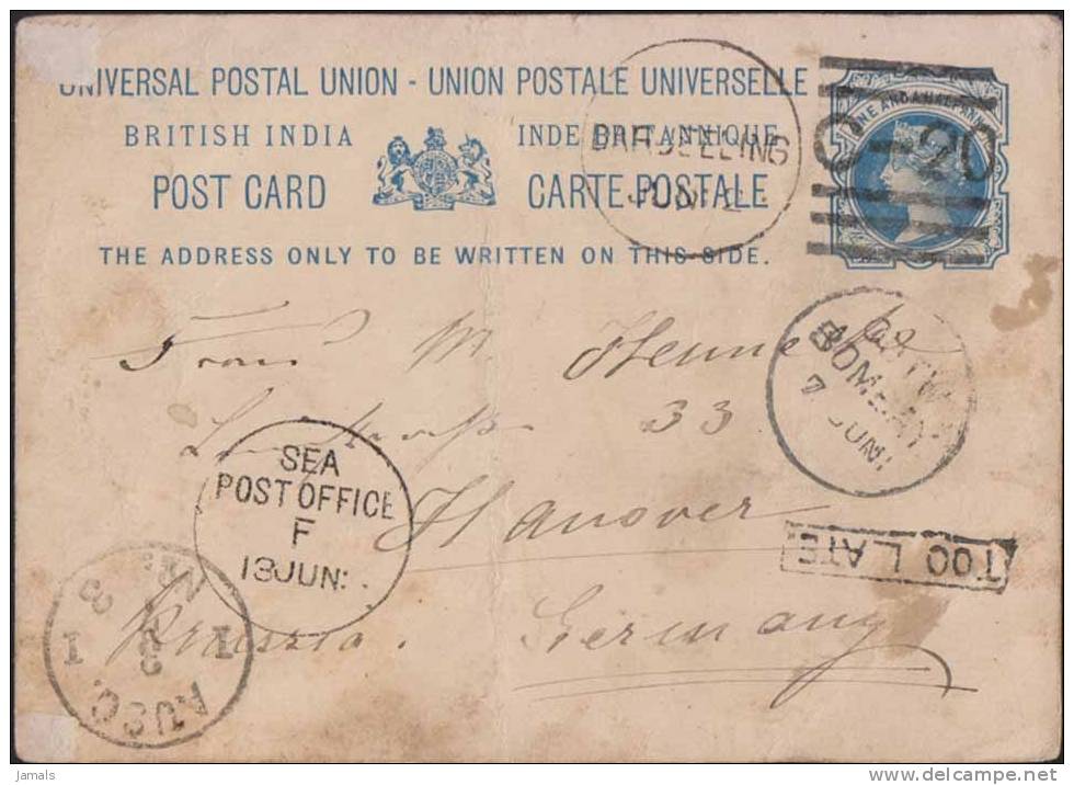 Br India QV, UPU Postal Card, Sea Post Office & Too Late Postmark, C-20 Bar Cancellation, Darjeeling To Germany, As Scan - 1882-1901 Empire