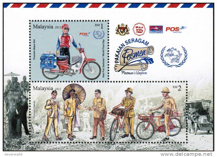 2012 Postman Uniform Motorcycle Bicycle Transportation Vehicle Vintage Car Elephant MS Stamp Malaysia MNH - Malaysia (1964-...)