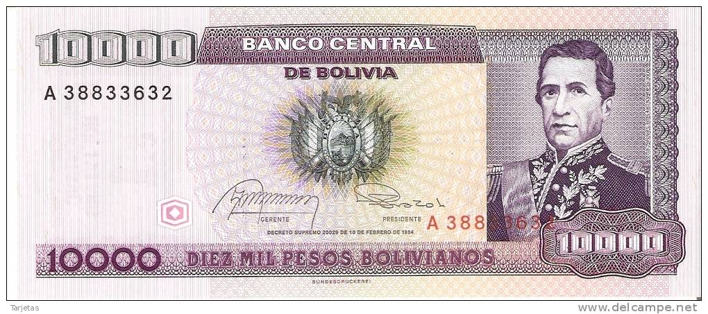 BILLETE DE BOLIVIA DE 10000 PESOS  DEL AÑO 1984 CON RESELLO PARTE TRASERA (RARO)  SIN CIRCULAR-UNCIRCULATED - Bolivia
