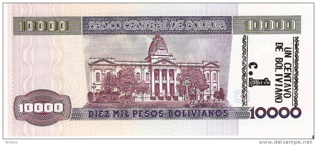 BILLETE DE BOLIVIA DE 10000 PESOS  DEL AÑO 1984 CON RESELLO PARTE TRASERA (RARO)  SIN CIRCULAR-UNCIRCULATED - Bolivia