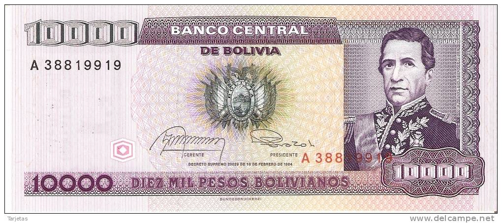 BILLETE DE BOLIVIA DE 10000 PESOS  DEL AÑO 1984 CON RESELLO PARTE TRASERA (RARO)  SIN CIRCULAR-UNCIRCULATED - Bolivie