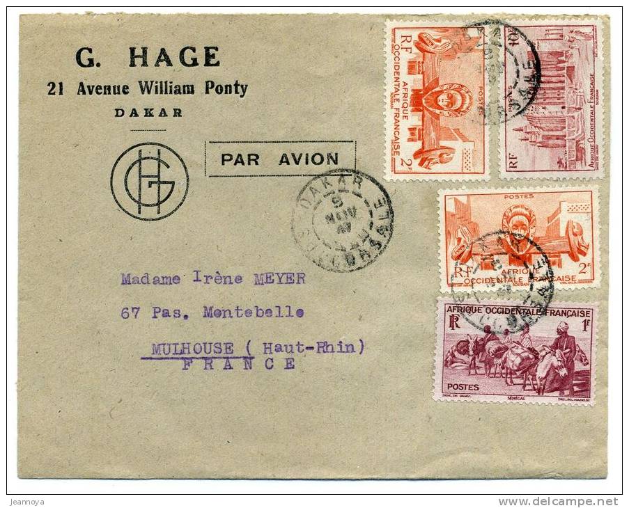 A.O.F.. -DIVERS TP OBL. DAKAR LE 9/11/1947 SUR LETTRE AVION, POUR MULHOUSE - TB - Covers & Documents