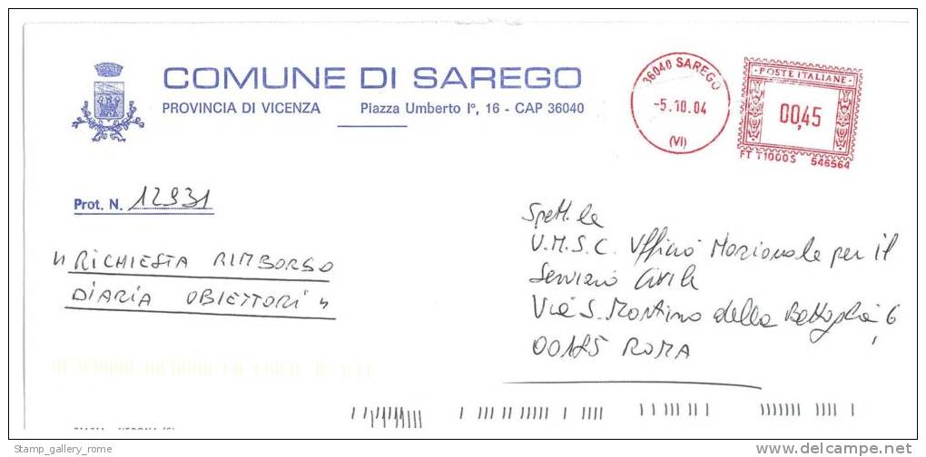 SAREGO  36040 PROV.  VICENZA  -  ANNO  2004  - AMR FTOXL - TEMATICA COMUNI D´ITALIA - STORIA POSTALE - Macchine Per Obliterare (EMA)