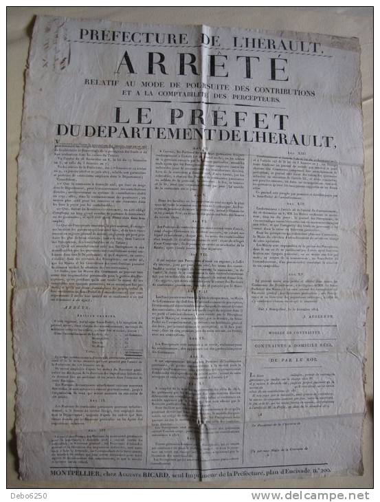 Préfecture Hérault 1814  Arrété Relatif Au Mode De Poursuites Des Contributions Et à La Comptabilité Des Percepteurs - Afiches