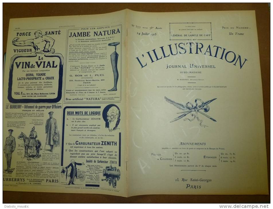 L' ILLUSTRATION  N° 3777 Du 24 Juillet 1915 : Belle Lithographie Couleur Portrait Du Général DE LANGLE DE CARY - L'Illustration