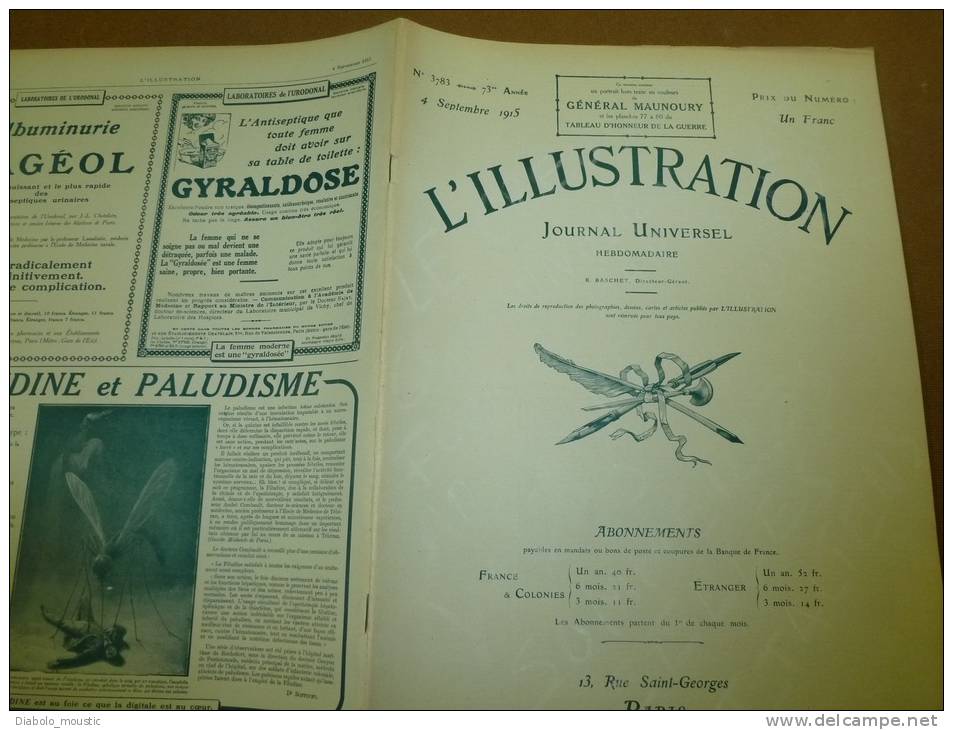 L' ILLUSTRATION  N° 3783 Du  4 Septembre 1915 : Belle Lithographie Couleur Portrait Du Général  MAUNOURY - L'Illustration