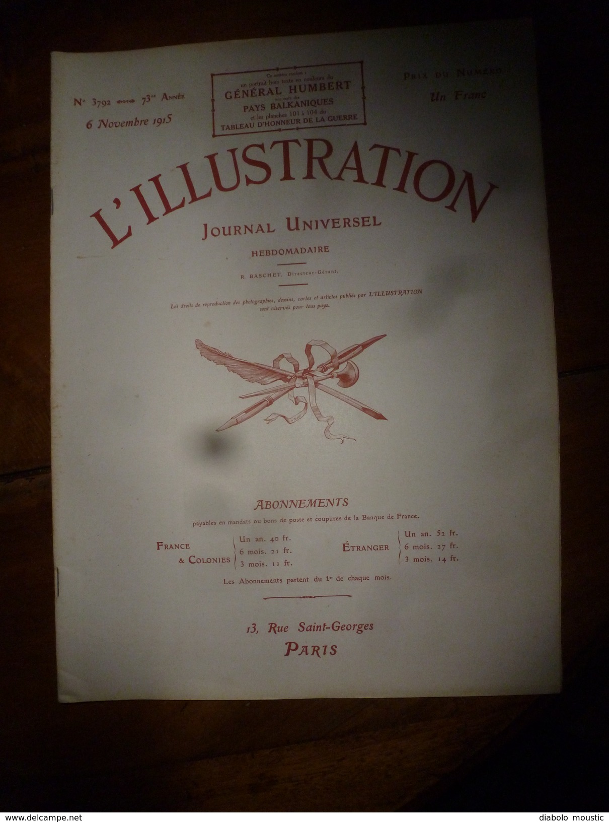 L' ILLUSTRATION  6 Nov. 1915 : EROS De Palaïopolis;Gde Litho Couleur Portrait Du Général  HUMBERT; Pub Montre Zenith;etc - L'Illustration