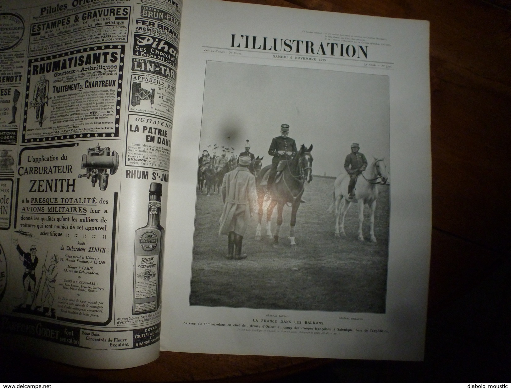 L' ILLUSTRATION  6 nov. 1915 : EROS de Palaïopolis;Gde litho couleur Portrait du général  HUMBERT; Pub Montre Zenith;etc