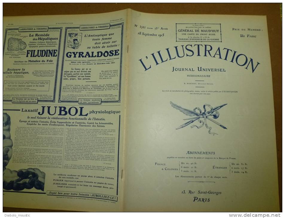 L' ILLUSTRATION  N° 3785  Du  18 Septembre 1915 : Belle Lithographie Couleur Portrait Du Général  MAUD'HUY - L'Illustration