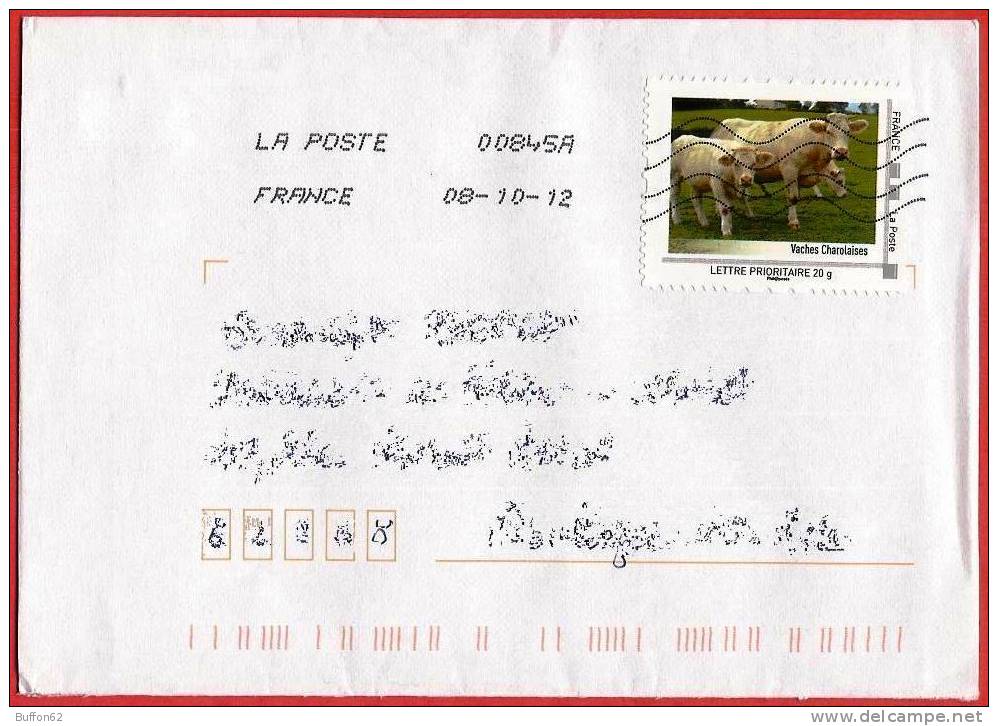 MonTimbraMoi MTM - La Bourgogne Comme J'aime (2012) : Vache Charolaise  / Charolais Cow. Burgundy Lettre Prioritaire 20g - Vaches