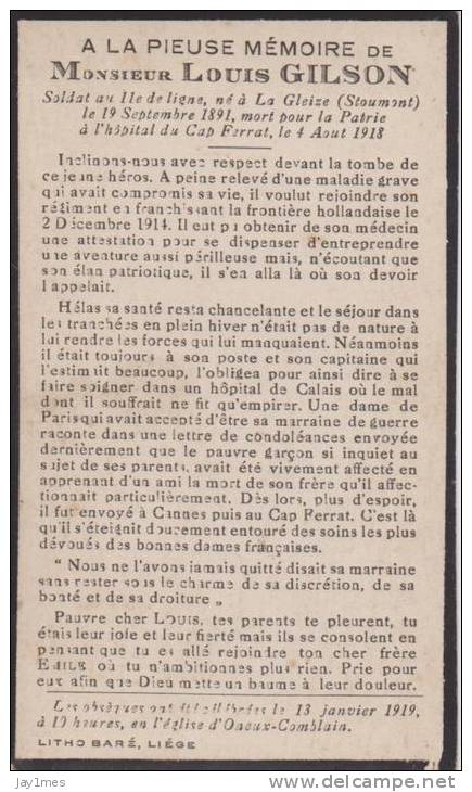 Faire Parts Deces-ww1-mort Hopital Cap Ferrat-14 18-né A La Gleize Stoumont - Overlijden