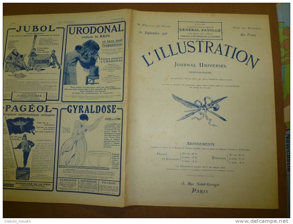 L' ILLUSTRATION  N° 3839  Du  30 Septembre 1916 : Belle Lithographie Couleur Portrait Du  Général FAYOLLE - L'Illustration