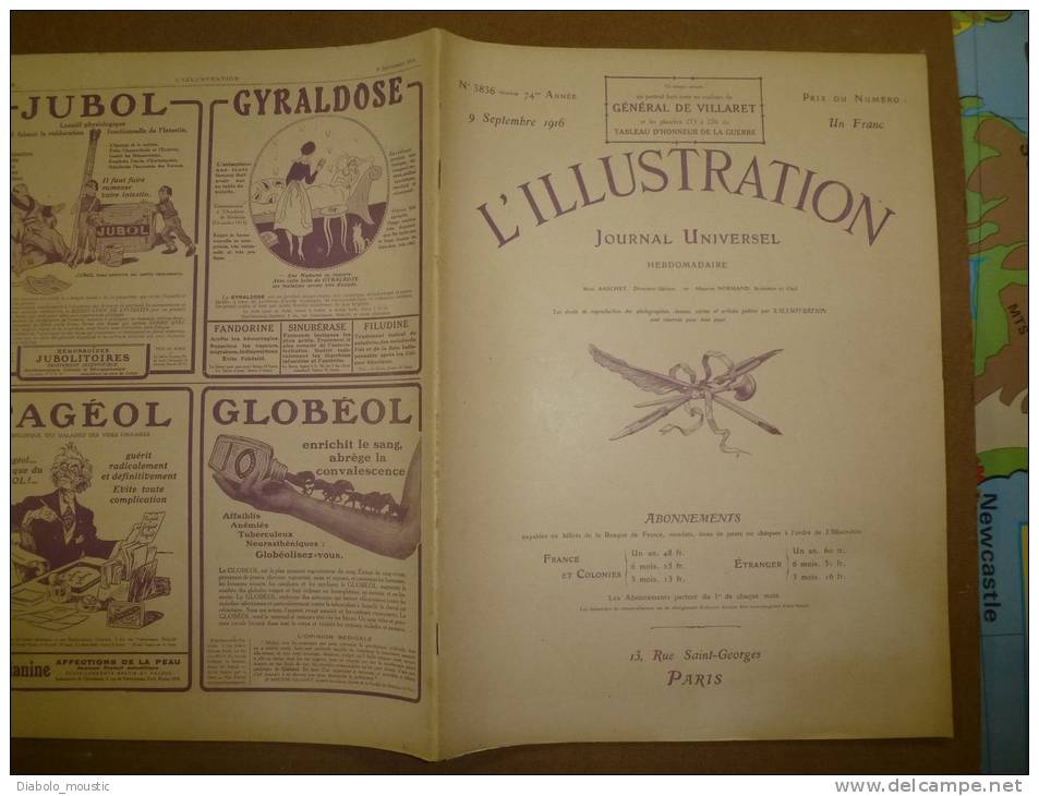 L' ILLUSTRATION  N° 3836  Du  9 Septembre 1916 : Belle Lithographie Couleur Portrait Du  Général DE VILLARET - L'Illustration