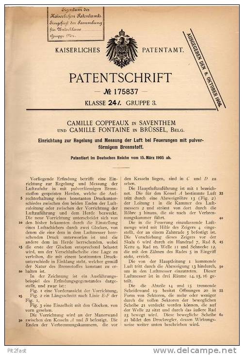 Original Patentschrift - C. Coppeaux In Zaventem , 1905 , Apparat Zur Regelung Und Messung Der Luft Bei Heizung !!! - Historische Dokumente